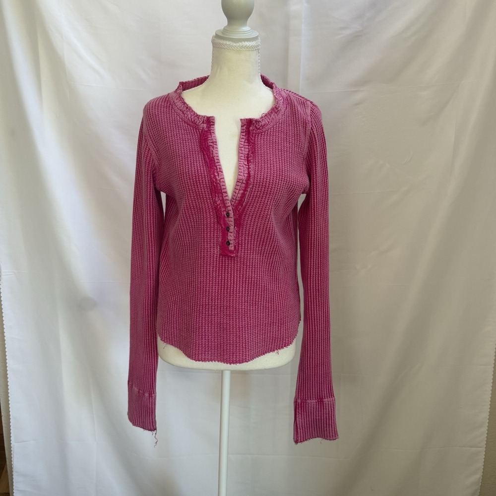 Free People One Colt Pink Thermal Top Henley-inspired Silhouette Waffle-knit M